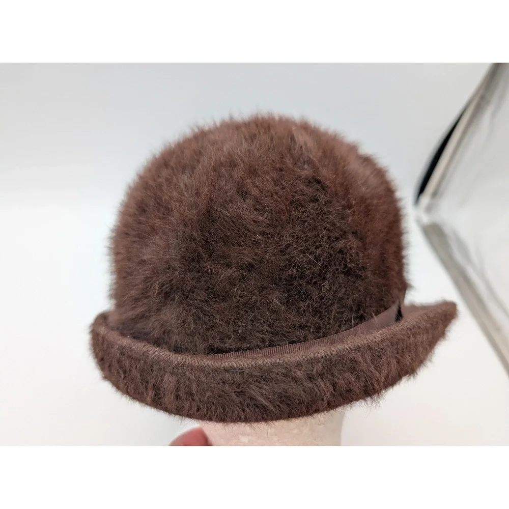 Vintage Kangol Design Brown Fuzzy Faux Fur Cloche Hat Made in England Grosgrain